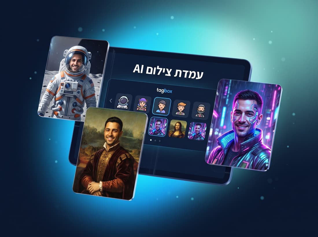 מסך עמדת צילום AI ממותג עם פורטרטים שנוצרו בבינה מלאכותית