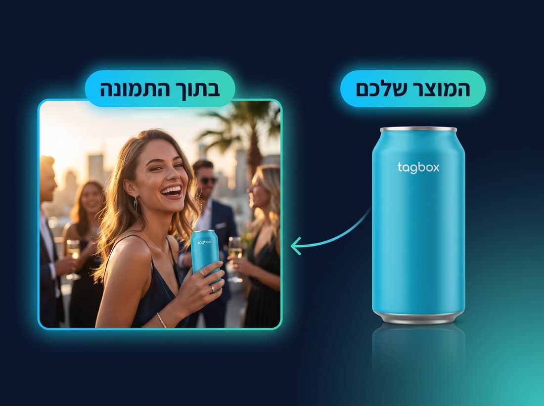 מוצר ממותג שנשתל בתוך תמונת AI של אורחת באירוע