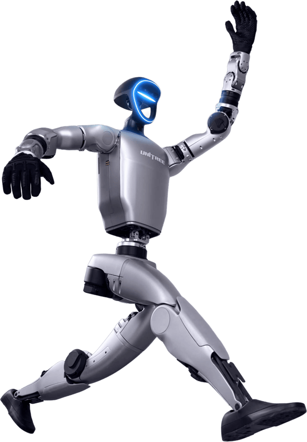A Unitree G1 EDU U2 humanoid robot mid-stride with one arm raised — the model Tagbox rents in Israel