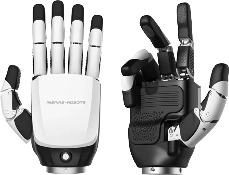A pair of Inspire Robots RH56E2 dexterous hands — palm and back view, five fingers and six degrees of freedom each, available to rent with a Unitree G1